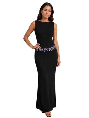 Vintage Rimini Black Embellished Open Back  Purple Sequin Floral Maxi Dress. 2P